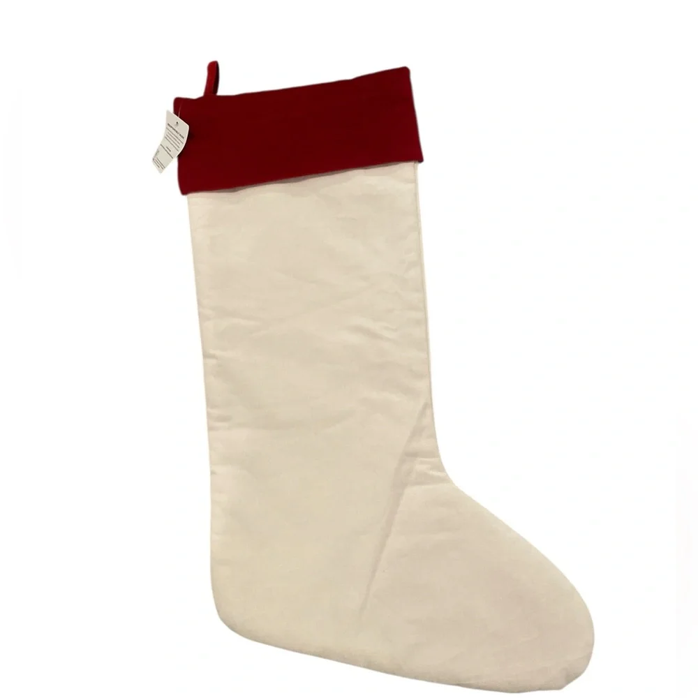 Pottery Barn Velvet Christmas Stocking Ivory with Red Cuff